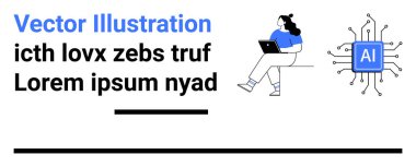 Dizüstü bilgisayarı, yapay zeka devresi sembolü ve soyut metni olan bir kadın. Teknoloji, yapay zeka, dijital çalışma, çevrimiçi öğrenme, modern tasarım, web elementleri ve iş temaları için ideal