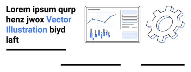 Çizgi grafikleri, çubuk grafikleri ve analizi olan veri paneli. Vites sembolü ayarları temsil ediyor. Finans, analitik, geliştirme, işletme, yönetim, raporlar ve ayarlar için idealdir. İniş sayfası