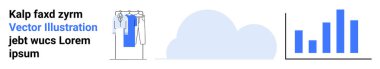 Veri analizini temsil eden bir bar çizelgesi bulut deposunu sembolize eden bir bulut simgesi, askıdaki giysiler. Teknoloji, moda, iş, veri yönetimi, bulut hesaplaması için ideal