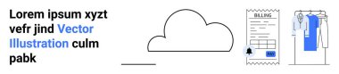Bulut simgesi, fatura makbuzu ve elbise askısı. Çevrimiçi ödemeler, dijital faturalar, bulut depolama, e-ticaret, teknoloji hizmetleri sanal elektronik faturalar için ideal. İniş sayfası