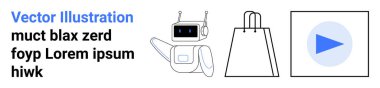 El sallayan, alışveriş torbası olan ve oyun rozeti olan robot. Ekommerce, teknoloji, çevrimiçi alışveriş, dijital medya, otomasyon robotik kullanıcı arayüzü için ideal. İniş sayfası