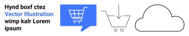 Konuşma balonunda alışveriş arabası, indirme oku olan araba, bulut çizgisi. Çevrimiçi alışveriş, e-ticaret, dijital indirme, bulut depolama, internet hizmetleri, teknoloji uygulamaları, dijital