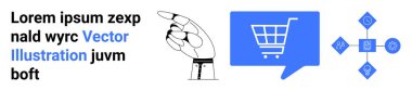 El işaretçisi sembolü, mavi konuşma balonunda alışveriş arabası simgesi, soyut ağ grafiği ve görsel içerik için yer tutucu metin. E-ticaret, ağ, teknoloji ve dijital iletişim için ideal
