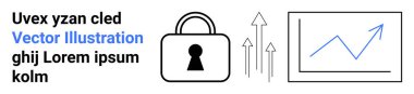 Güvenliği temsil eden asma kilit, büyümeyi gösteren yukarı doğru oklar ve gelişmeyi gösteren artan bir çizgi grafiği temsil ediyor. Ticari büyüme, veri güvenliği, mali başarı ve pazar eğilimleri için ideal