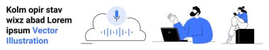 Mikrofon sembollü bulut hesaplama simgesi, dizüstü bilgisayar kullanan bireysel jest, akıllı telefondan konuşan kişi. Takım çalışması, uzak teknoloji, bulut depolama, ses tanıma, dijital etkileşim için ideal