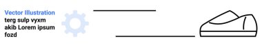 Örnek yer tutucu metnin yanında basit bir vites simgesi ve çizilmiş bir spor ayakkabı çizimi. Spor, mühendislik, moda, tasarım, düzen, web sitesi, markalaşma ve reklam için ideal. İniş sayfası