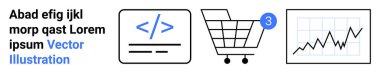 Bildirimli alışveriş arabası, HTML kod simgesi, çizgi grafik sembolü ve metin tutucu. E-ticaret, web geliştirme, çevrimiçi alışveriş, bildirimler, veri analizi, kodlama, pazarlama için ideal