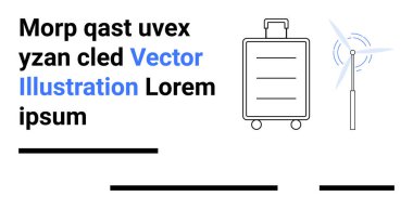 Süslü metin blokları ve siyah çizgilerin yanında tekerlekleri ve rüzgar türbini olan bir seyahat çantası. Seyahat blogları, yeşil enerji kampanyaları, eğitim grafikleri, minimal pazarlama, sunumlar, web