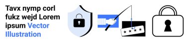 Kilit sembollü kalkan, şifreli olta yemi, asma kilit simgesi. Çevrimiçi güvenlik, veri koruması, phishing farkındalığı, şifre güvenliği, siber güvenlik eğitimi, bilgi