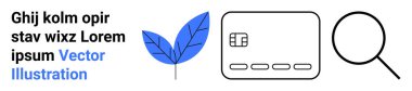 Mavi yaprak, stilize kredi kartı ve büyüteç. Ekoloji, finans, arama optimizasyonu, e-ticaret, çevrimiçi güvenlik çevresel farkındalık dijital pazarlama için idealdir. İniş sayfası