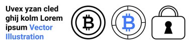 İçerideki Bitcoin sembolleri ana hatlarıyla çizilmiş ve mavi daireler rastgele Latince metinlerle birlikte bir kilit simgesinin yanında. Engelleme zinciri, kripto para birimleri, internet güvenliği, fintech, dijital cüzdanlar için ideal