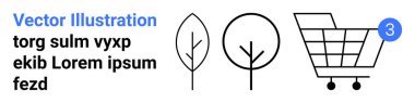 Tebligat kartıyla alışveriş arabası, iki minimalist ağaç simgesi ve yer tutucu metni. E-ticaret, alışveriş, web tasarımı, UXUI, minimalizm, modern estetik, dijital uygulamalar için ideal