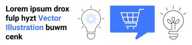 Metin bloğu, teçhizatlı ampul, yanan ampul, alışveriş arabalı mavi sohbet balonu. E-ticaret, yenilik, fikir üretimi, çevrimiçi alışveriş, web tasarımı, teknoloji, yaratıcılık için ideal