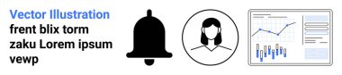 Bilgi çanı, kullanıcı profili simgesi ve veri eğilimlerini temsil eden analitik grafik. İş panelleri, kullanıcı arayüzleri, analitik, çevrimiçi profiller, uyarılar, veri görselleştirmesi için ideal