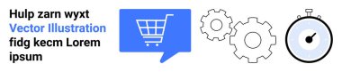 Konuşma balonunda mavi alışveriş arabası, birbirine kenetlenmiş iki gri vites ve siyah beyaz kronometre. E-ticaret, verimlilik, optimizasyon, zaman yönetimi, çevrimiçi alışveriş, dijital pazarlama için ideal