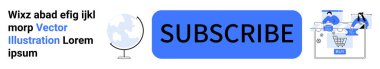 Dünya küresi ikonu ve insanların etkileşim halinde olduğu alışveriş arabası grafiği olan SuBSCRIBE düğmesi. E-ticaret, dijital pazarlama, e-posta başvurusu, online alışveriş, uluslararası ticaret için ideal