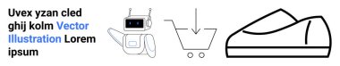 Alışveriş arabası, soyut ayakkabı ikonu ve yer tutucu metni olan bir robot. Teknoloji, ekommerce, ayakkabı, robot bilimi, yapay zeka, online alışveriş ve ürün sayfaları için ideal. İniş sayfası
