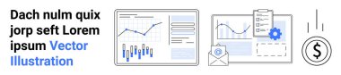 Dashboard with bar and line charts, financial document, settings gear and dollar symbol. Ideal for analytics, finance, business growth, data analysis, reporting, strategic planning, market trends clipart