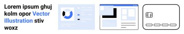 Bir veri paneli, bir web sayfası düzeni ve bir kredi kartı simgesi gösteren dijital arayüz ögeleri. Web tasarımı, veri analizi, e-ticaret, bilişim hizmetleri, grafik tasarımı, kullanıcı deneyimi için ideal