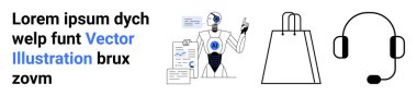 Çizelge ve grafiklerle veri analizi yapan yapay zeka robotu, boş alışveriş çantası ve müşteri hizmetleri kulaklığı. Teknoloji, veri analizi, yapay zeka, e-ticaret, müşteri hizmetleri, online alışveriş için ideal