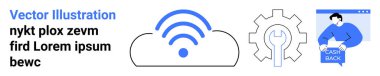 Mavi kablosuz bulut depolama simgesi, ingiliz anahtarı olan vites simgesi ve çevrimiçi nakit para alan kişi. Teknoloji, hizmetler, uygulamalar, web siteleri, dersler, e-ticaret, kullanıcı rehberleri için idealdir. İniş sayfası