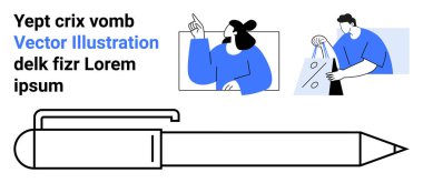 İki karakter, bir tükenmez kalem ikonu eşliğinde illüstrasyonlar kullanarak aktif olarak fikirleri tartışıyor ve sunuyor. Takım çalışması, beyin fırtınası, eğitim, iletişim, sunum, yaratıcı