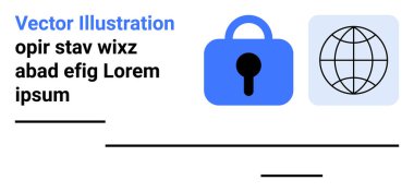 Mavi kilit simgesi ve dünya sembolü yan yana. Soldaki metinde yer tutucu kelimeler var. Ana tema internet güvenliği ve veri koruması. Siber güvenlik, teknik servis, veri gizliliği konuları ve bloglar için ideal