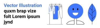 Askıda giysiler, gülümseyen yüz ve mavi yapraklar. Moda, pozitiflik, doğa, e-ticaret, yaşam tarzı pazarlama tasarımları için idealdir. İniş sayfası