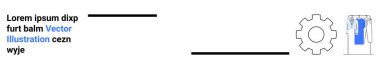 Dişli simgesi ve mavi gömlek illüstrasyonuna yer tutucu Lorem Ipsum metin eşlik ediyor, siyah çizgiler minimal bir tasarım oluşturuyor. Teknik belgeler, UIUX tasarımı, süreç akış çizelgeleri için ideal