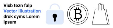 Kilit, Bitcoin sembolü ve güvenli online işlemleri, kripto para kullanımını ve e-ticareti temsil eden alışveriş çantası. Çevrimiçi güvenlik, e-ticaret, kripto para birimi ve dijital ödemeler için ideal