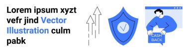 Oklar büyümeyi simgeler. Güvenlik işaretli bir kalkan. Paraları tutan adam. Finans, bankacılık, güvenlik, teknoloji, e-ticaret, müşteri ödülleri, iş stratejileri için ideal. İniş sayfası