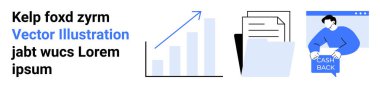 Yukarı doğru oklu çubuk grafik, doküman yığını, kullanıcının nakit para alması ve lorem ipsum metni. İş analizleri, finans, belge yönetimi, çevrimiçi işlemler, pazarlama, müşteri