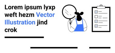 Mavi önlüklü kadın elinde büyüteçle elinde çek kutusuyla panonun yanında inceleme yapıyor. İş analizi, kalite kontrolü, araştırma, proje yönetimi, verimlilik tavsiyeleri ve eğitim için ideal