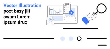 El ele tutuşan büyüteç, bar grafikleri, e-posta ikonu, ayarlar, dosya. İş analizi, veri yönetimi, e-posta pazarlaması, süreç optimizasyonu, teknoloji, bilgi araması için ideal