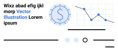 Dairesel çerçeve içindeki para birimi sembolü, mavi veri noktaları olan çizgi grafiği, örnek metin, yatay çizgiler, seçim çemberleri. Mali veriler, analitik, muhasebe ve iş raporları için ideal