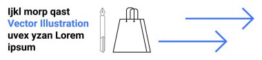 Alışveriş torbası, kalem ve metin elementlerinin yanında sağı gösteren iki mavi ok, ilerleme ya da yönü gösteriyor. Ecommerce, pazarlama, çevrimiçi alışveriş, iş stratejisi, büyüme navigasyonu için ideal