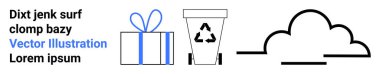 Mavi kurdeleli hediye kutusu, geri dönüşüm sembollü geri dönüşüm kutusu ve bulut çizgisi. Çevre koruma, geri dönüşüm, hediye verme, sürdürülebilirlik, çevre dostu uygulamalar konularında ideal