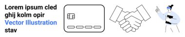 İş kadını, mesajı, el sıkışma illüstrasyonunu, kredi kartı ikonunu gösteriyor. Finansal hizmetler, iş ortaklıkları, kurumsal iletişim, sunumlar, müşteri hizmetleri, çevrimiçi için ideal