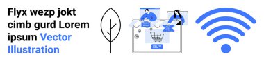 Kullanıcılar, dijital e-ticareti temsil eden büyük bir kablosuz ikon ve ağaç tarafından sembolize edilen çevrimiçi bir alışveriş arabasıyla etkileşim halindeler. E-ticaret, dijital işlemler, online alışveriş için ideal