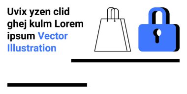 Mavi asma kilidin yanındaki alışveriş torbası güvenli online alışverişi temsil ediyor. E-ticaret, güvenlik farkındalığı, dijital işlemler, çevrimiçi mağazalar, siber güvenlik, mahremiyet, web pankartları için ideal
