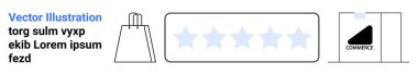 Alışveriş torbası, beş yıldızlı derecelendirme ve ticari etiket ikonları ürün değerlendirmeleri, e-ticaret ve kalite güvencesini temsil ediyor. Çevrimiçi alışveriş, dijital pazarlama, müşteri geri bildirimi, ürün kalitesi için ideal