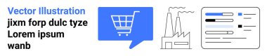 Mavi konuşma balonunda alışveriş arabası, bacalı fabrika ve belgede veri sunumu. E-ticaret, imalat, endüstriyel süreçler, iş analizi, iletişim, pazarlama için ideal