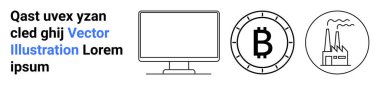 Bilgisayar monitörü, bir devrede Bitcoin sembolü, dumanlı endüstriyel fabrika. Web sitesi tasarımı, teknoloji blogları, kripto para birimi platformları, fintech, yazılım geliştirme, endüstriyel