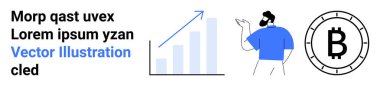 Metin elemanları, yükselen bar çizelgesi, mavi gömlekli iş adamı, Bitcoin sembolü. Kripto para birimi, iş büyümesi, mali başarı, dijital yatırım, fintech, engelleme zinciri, piyasa