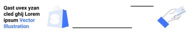 Kredi kartı ve S sembollü alışveriş çantası. E-ticaret, çevrimiçi alışveriş, ödeme işlemleri, perakende satış ve iş hizmetleri için ideal. Vektör sanatı. Mavi ve beyaz renkler. İniş sayfası