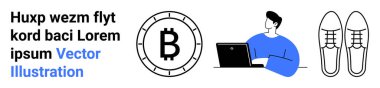 Dizüstü bilgisayarı olan adam, Bitcoin sembolü, modern ayakkabılar ve yer tutucu metni. Finans, teknoloji, moda, dijital para birimi, uzaktan çalışma, modern yaşam tarzı, tasarım bağlamları için idealdir. İniş sayfası