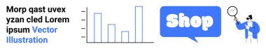 Çevrimiçi alışveriş özelliklerinin bar çizelgesi ile beyan edilmesi, Dükkan metniyle sohbet balonu, ve büyüteçle konuşan kişi. E-ticaret, pazarlama, analitik, müşteri desteği ve iş için ideal