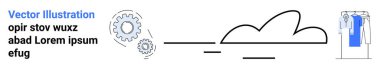 Dişliler makineleri gösteriyor, metin yer tutucu yazıları gösteriyor, stilize bulut bulut depolamayı temsil ediyor, giysi askılığı organizasyonu simgeliyor. Teknoloji, iş süreçleri ve bulut için ideal