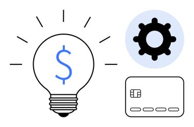 Dolar işareti, teçhizat ve kredi kartı olan ampul. Finansal yenilik, teknoloji, dijital ödemeler, bankacılık, iş stratejisi ekonomik büyüme ve fintech girişimleri için idealdir. Satır metaforu