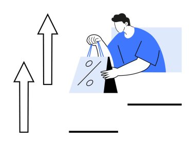 Elinde yüzde işareti olan bir alışveriş torbası tutan, yukarı doğru iki okun yanında duran biri. Pazarlama büyümesi, satış artışı, alışveriş anlaşmaları, mali başarı, perakende analizi, iş için ideal